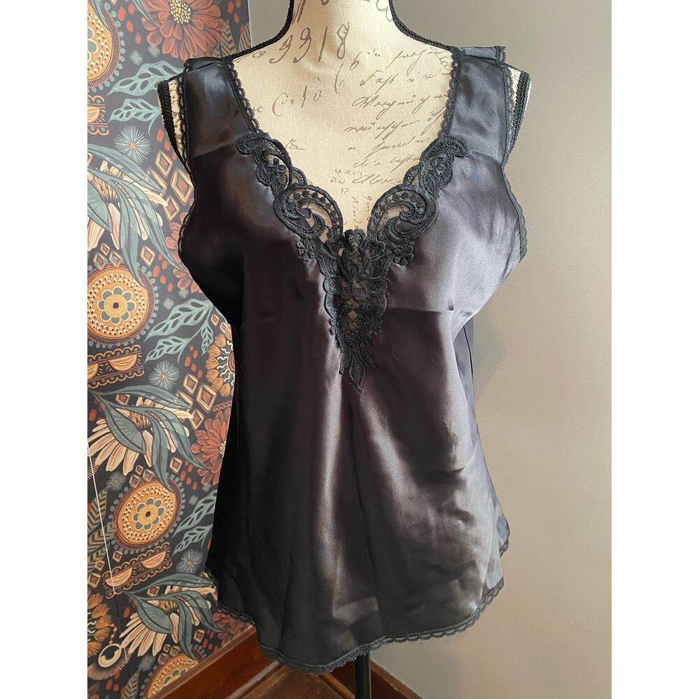 Black Satin Lace-Trim Chemise Top Size Large.